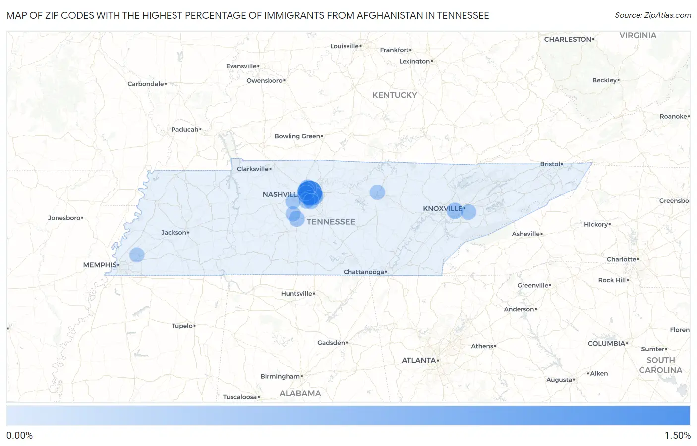 Zip Codes with the Highest Percentage of Immigrants from Afghanistan in Tennessee Map