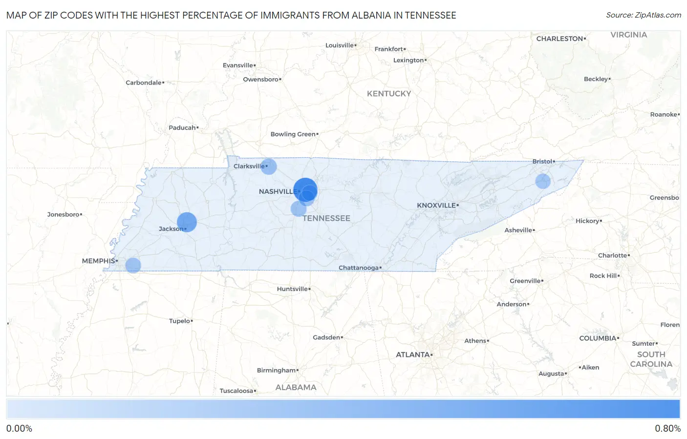 Zip Codes with the Highest Percentage of Immigrants from Albania in Tennessee Map