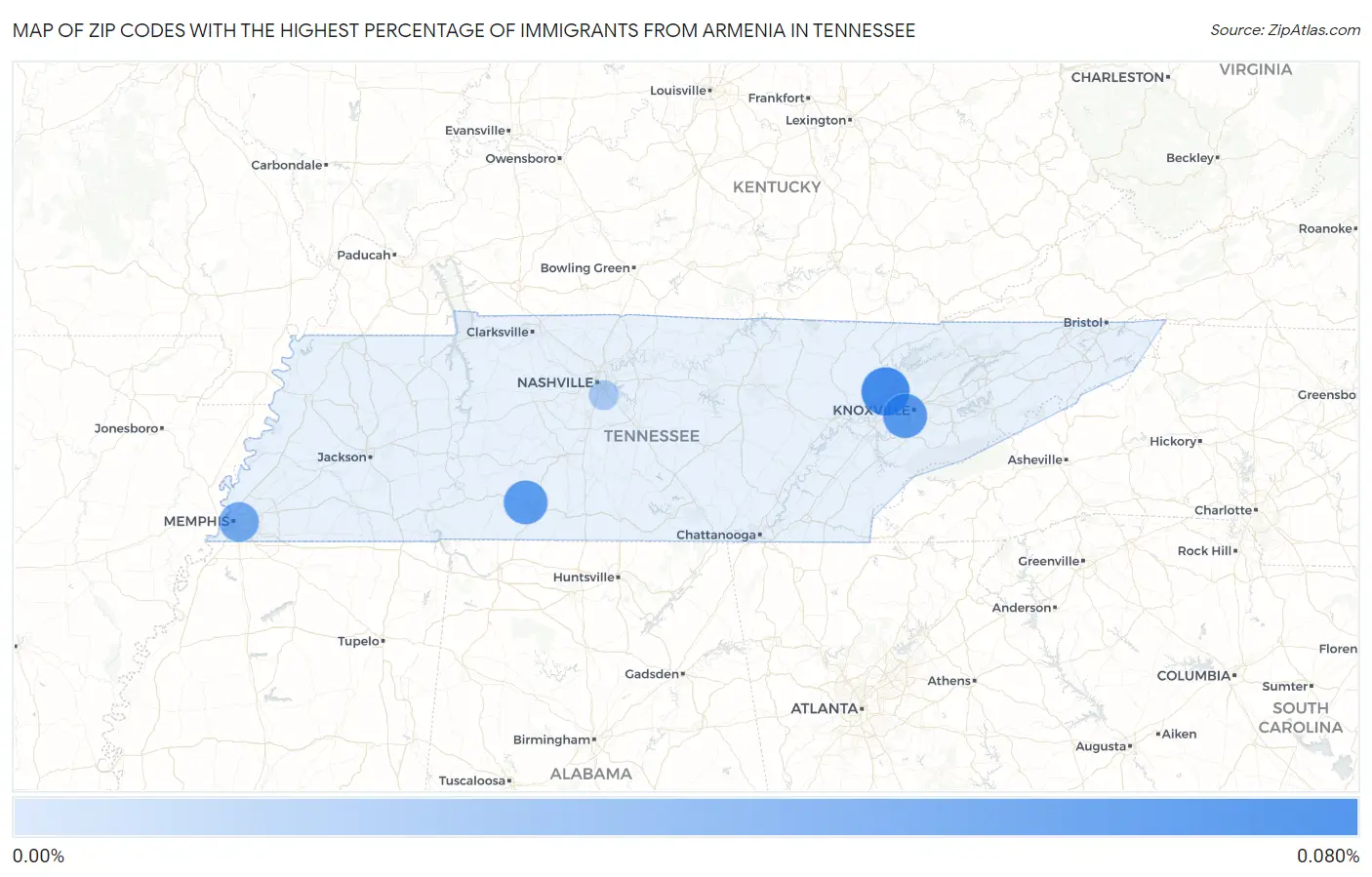 Zip Codes with the Highest Percentage of Immigrants from Armenia in Tennessee Map