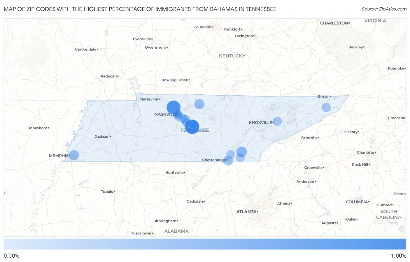 Zip Codes with the Highest Percentage of Immigrants from Bahamas in Tennessee Map