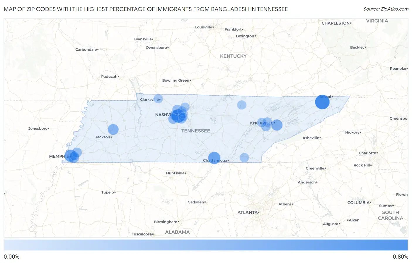 Zip Codes with the Highest Percentage of Immigrants from Bangladesh in Tennessee Map