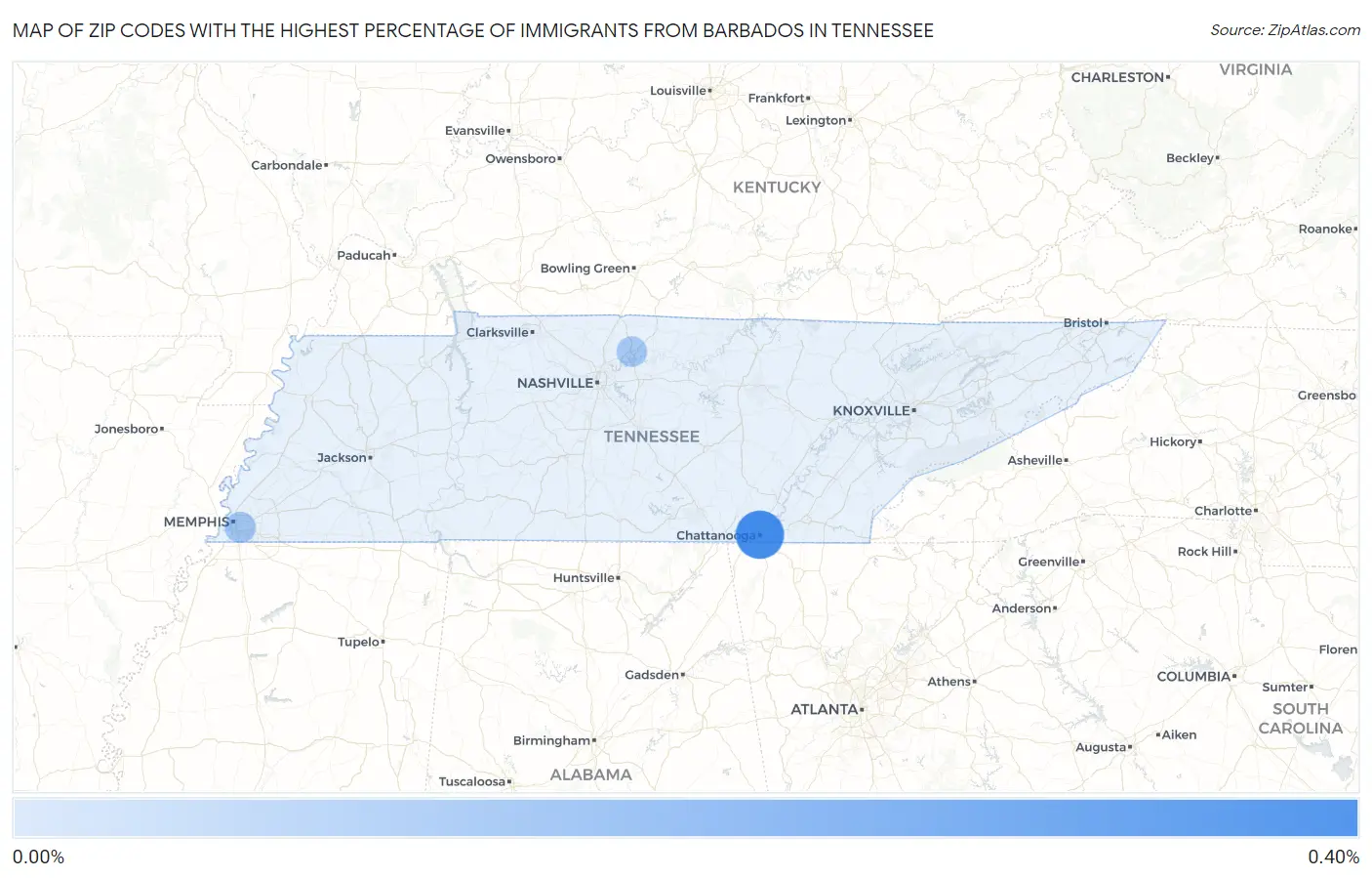 Zip Codes with the Highest Percentage of Immigrants from Barbados in Tennessee Map