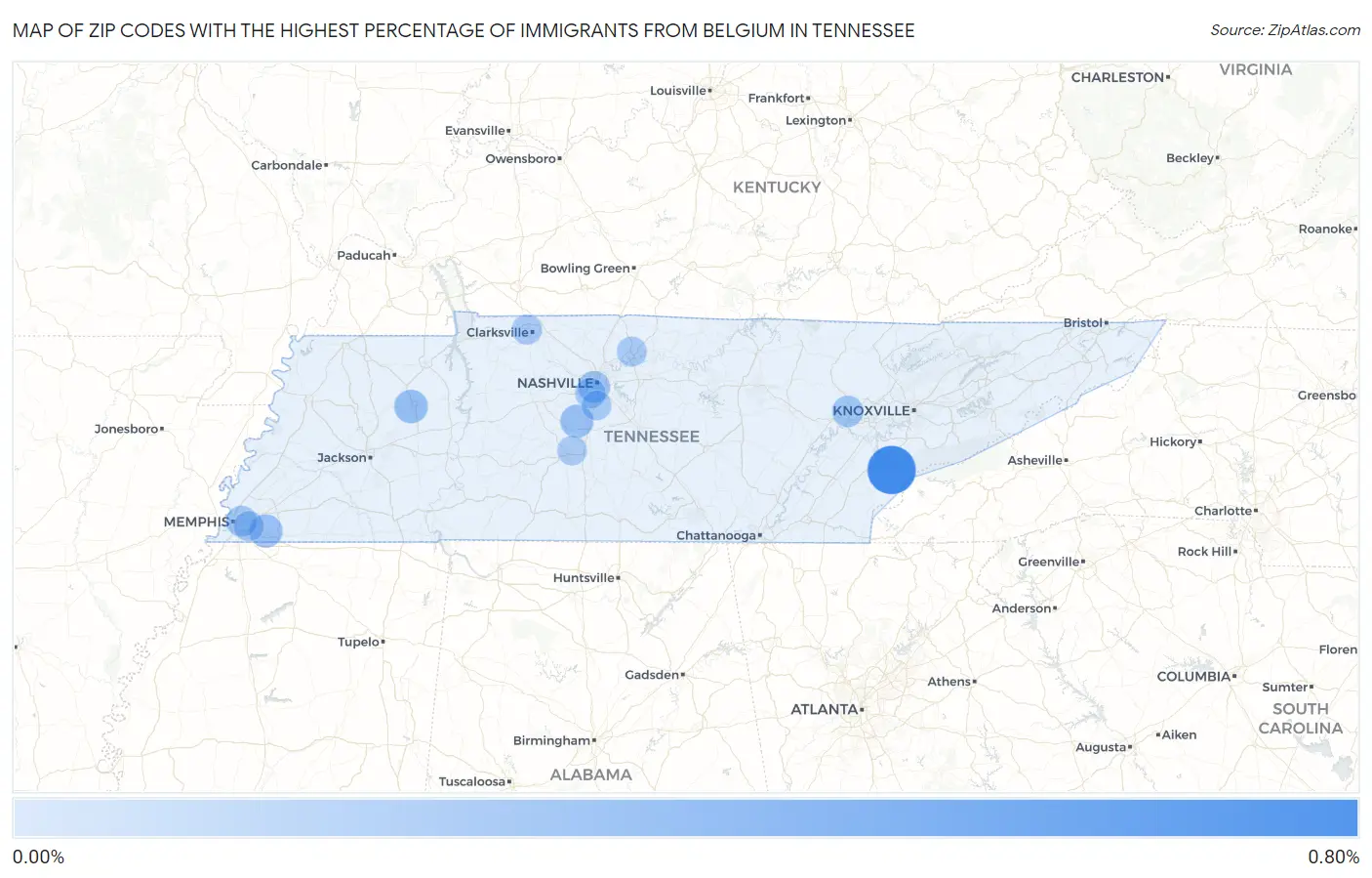 Zip Codes with the Highest Percentage of Immigrants from Belgium in Tennessee Map