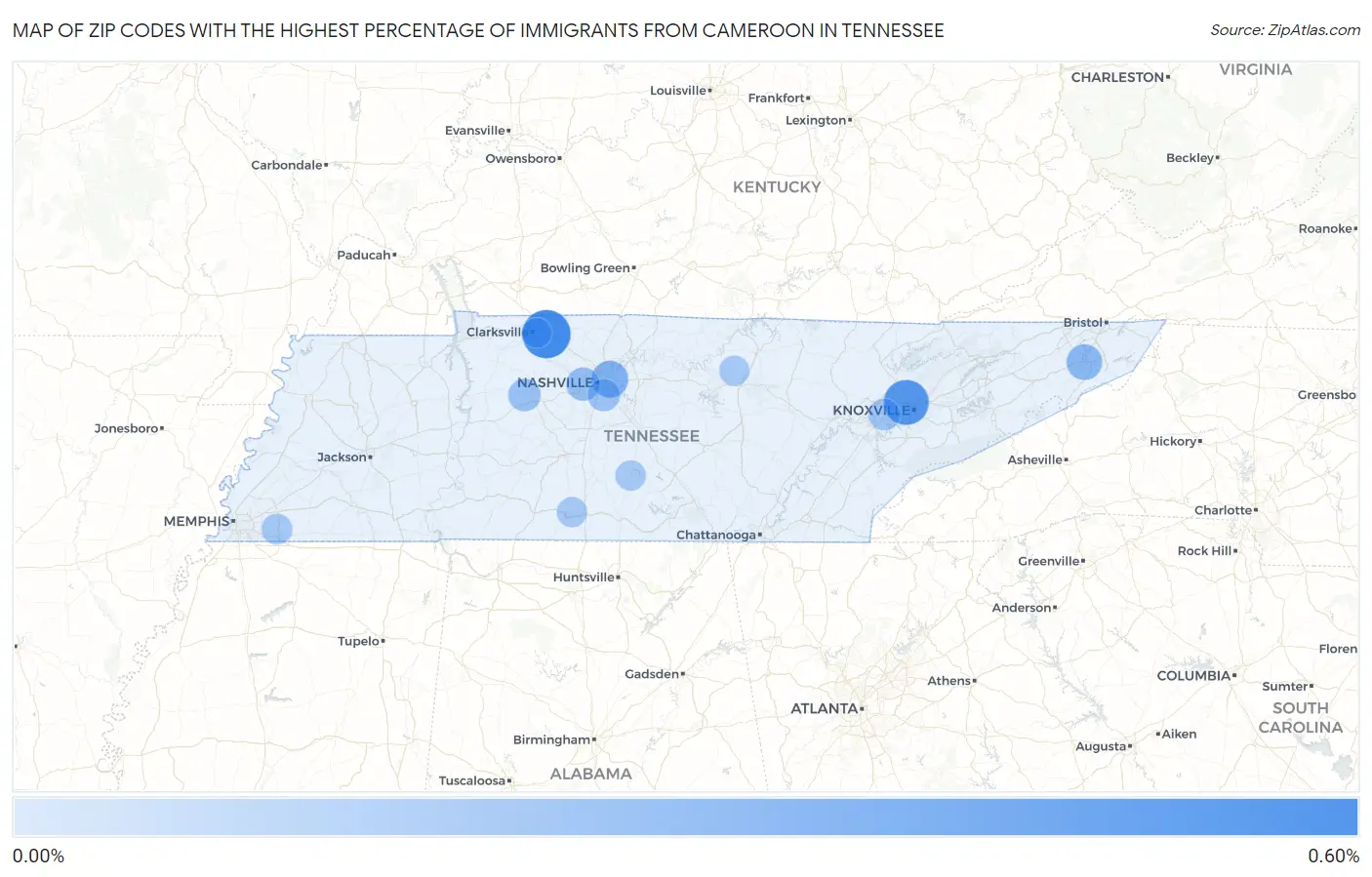 Zip Codes with the Highest Percentage of Immigrants from Cameroon in Tennessee Map