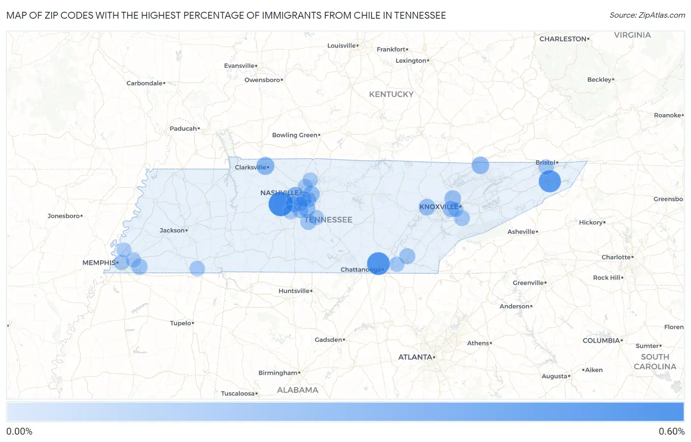 Zip Codes with the Highest Percentage of Immigrants from Chile in Tennessee Map
