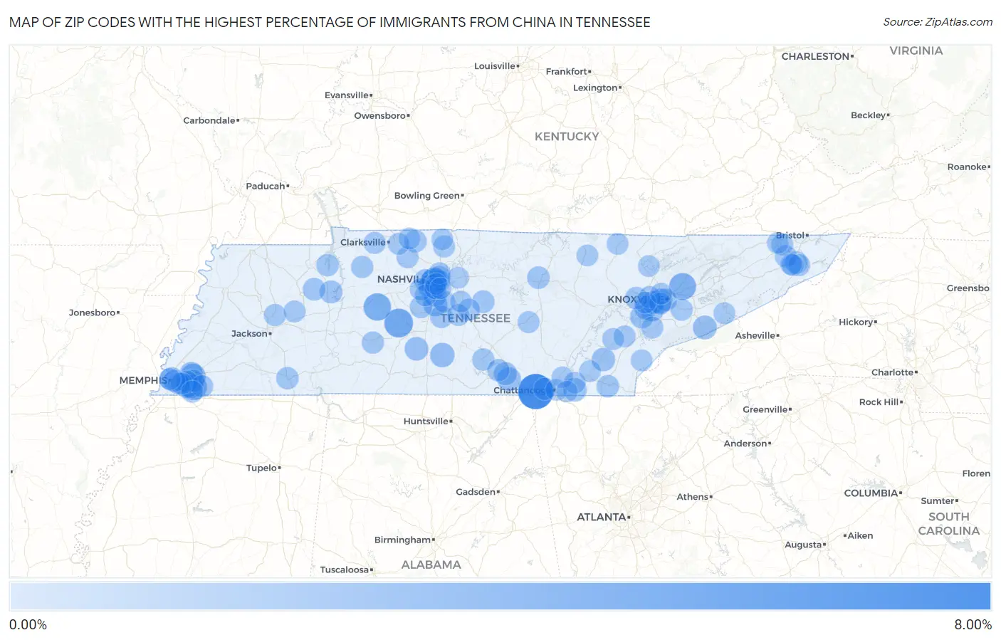 Zip Codes with the Highest Percentage of Immigrants from China in Tennessee Map
