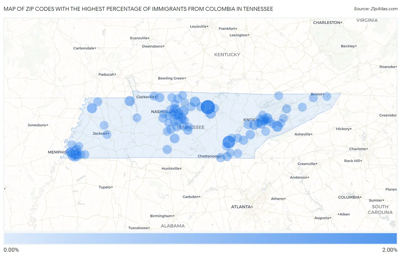 Zip Codes with the Highest Percentage of Immigrants from Colombia in Tennessee Map