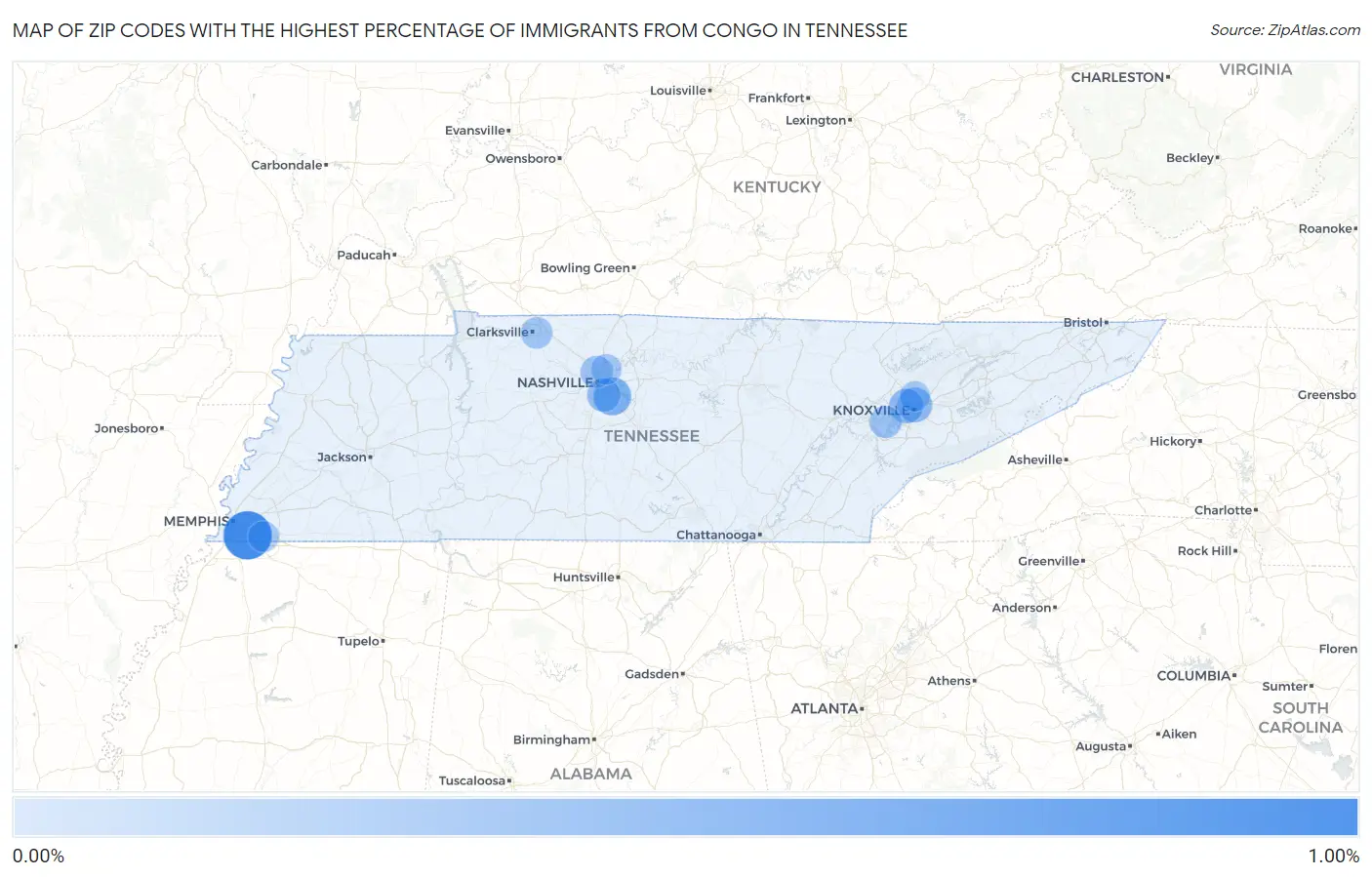 Zip Codes with the Highest Percentage of Immigrants from Congo in Tennessee Map