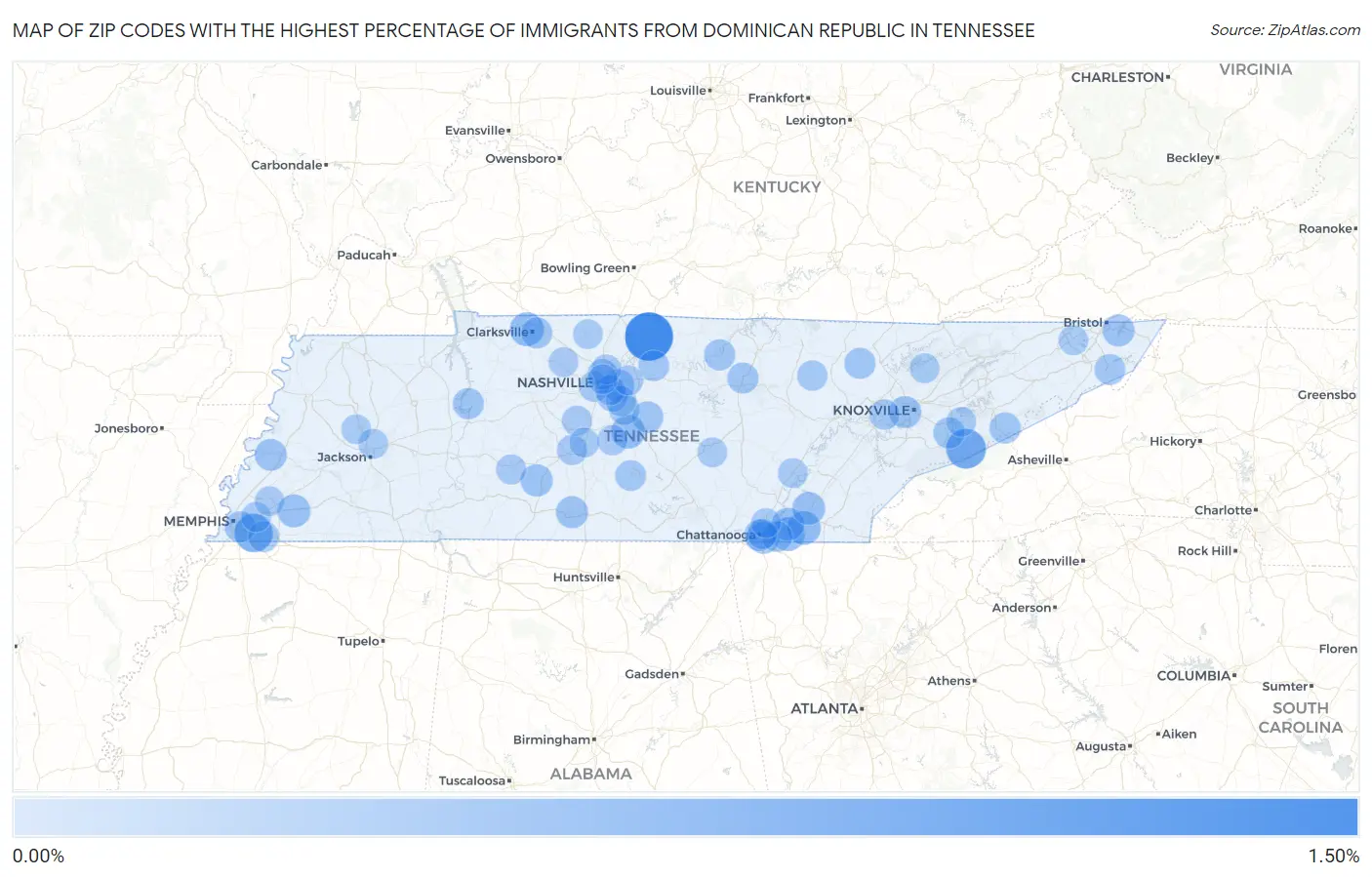 Zip Codes with the Highest Percentage of Immigrants from Dominican Republic in Tennessee Map