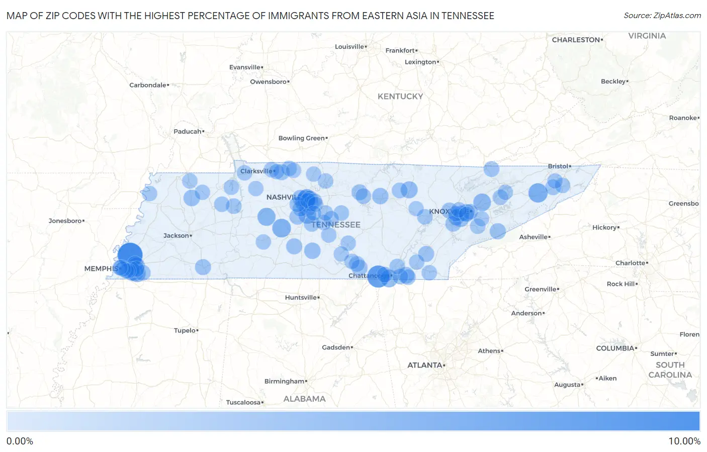 Zip Codes with the Highest Percentage of Immigrants from Eastern Asia in Tennessee Map