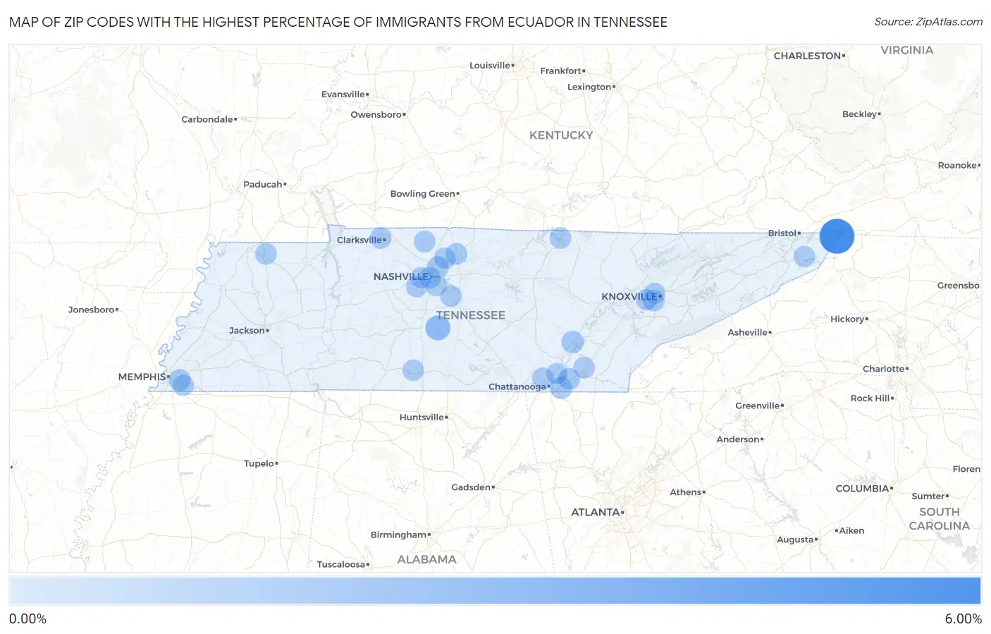 Zip Codes with the Highest Percentage of Immigrants from Ecuador in Tennessee Map
