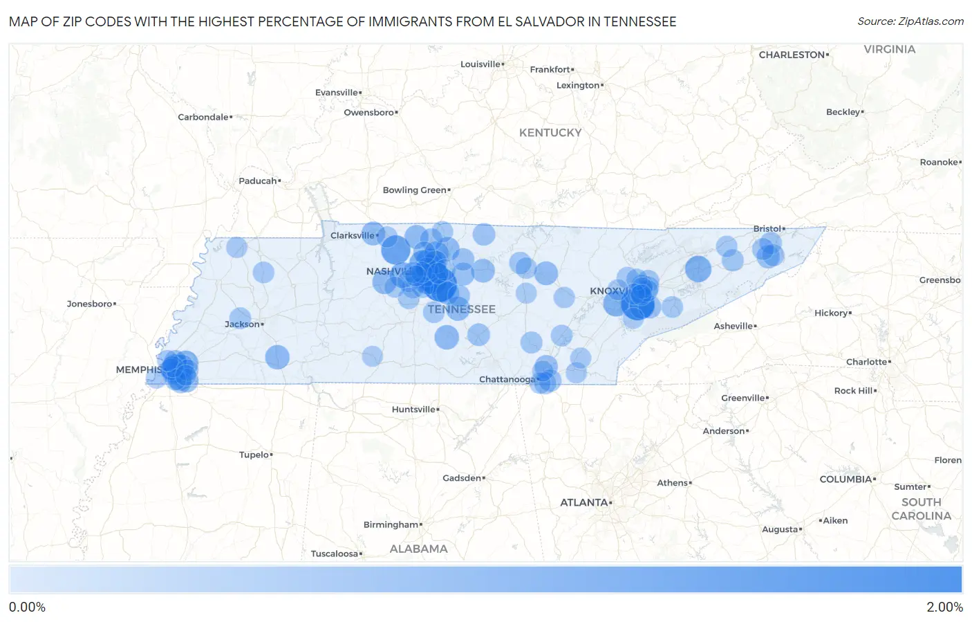 Zip Codes with the Highest Percentage of Immigrants from El Salvador in Tennessee Map