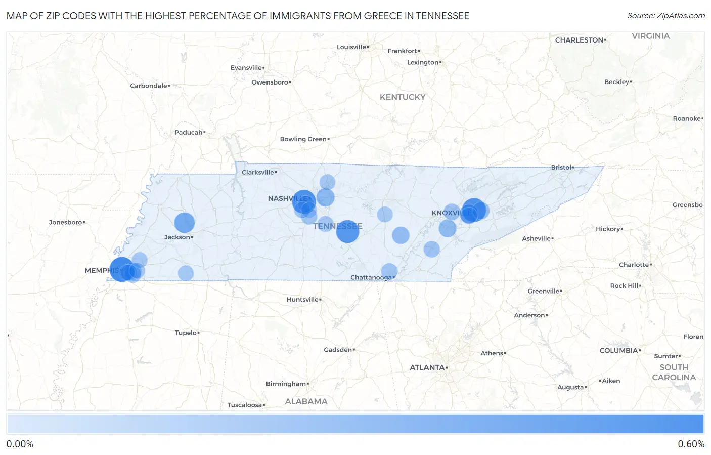 Zip Codes with the Highest Percentage of Immigrants from Greece in Tennessee Map