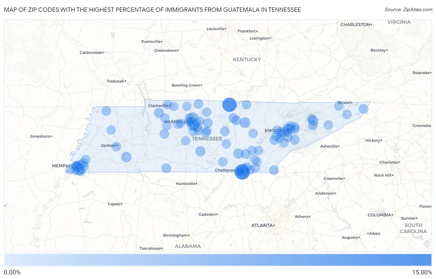 Zip Codes with the Highest Percentage of Immigrants from Guatemala in Tennessee Map