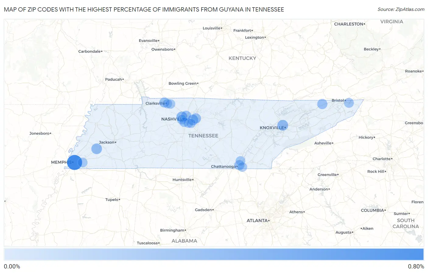 Zip Codes with the Highest Percentage of Immigrants from Guyana in Tennessee Map