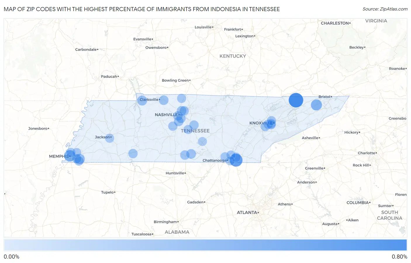 Zip Codes with the Highest Percentage of Immigrants from Indonesia in Tennessee Map