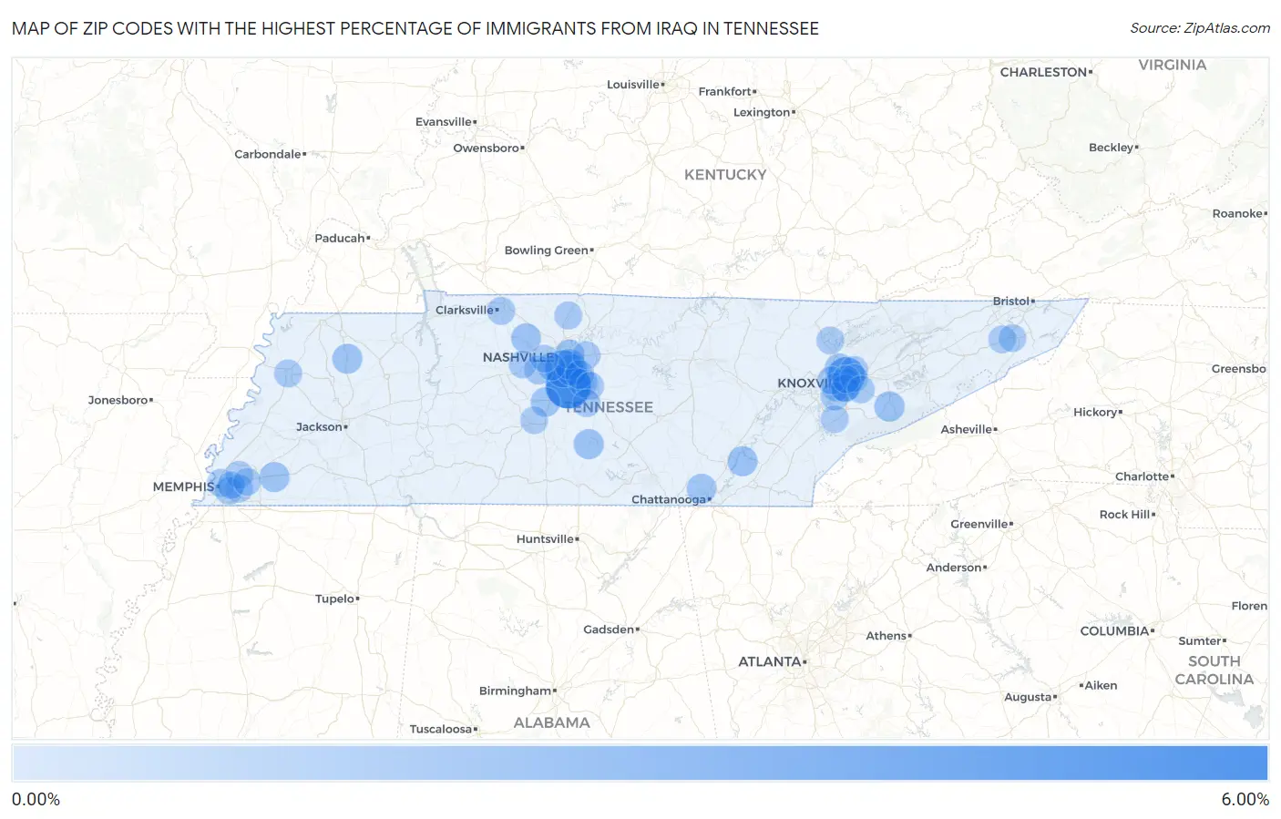 Zip Codes with the Highest Percentage of Immigrants from Iraq in Tennessee Map