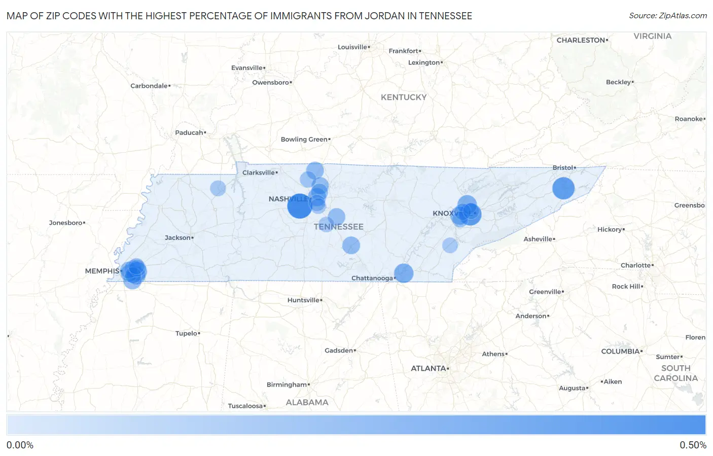 Zip Codes with the Highest Percentage of Immigrants from Jordan in Tennessee Map
