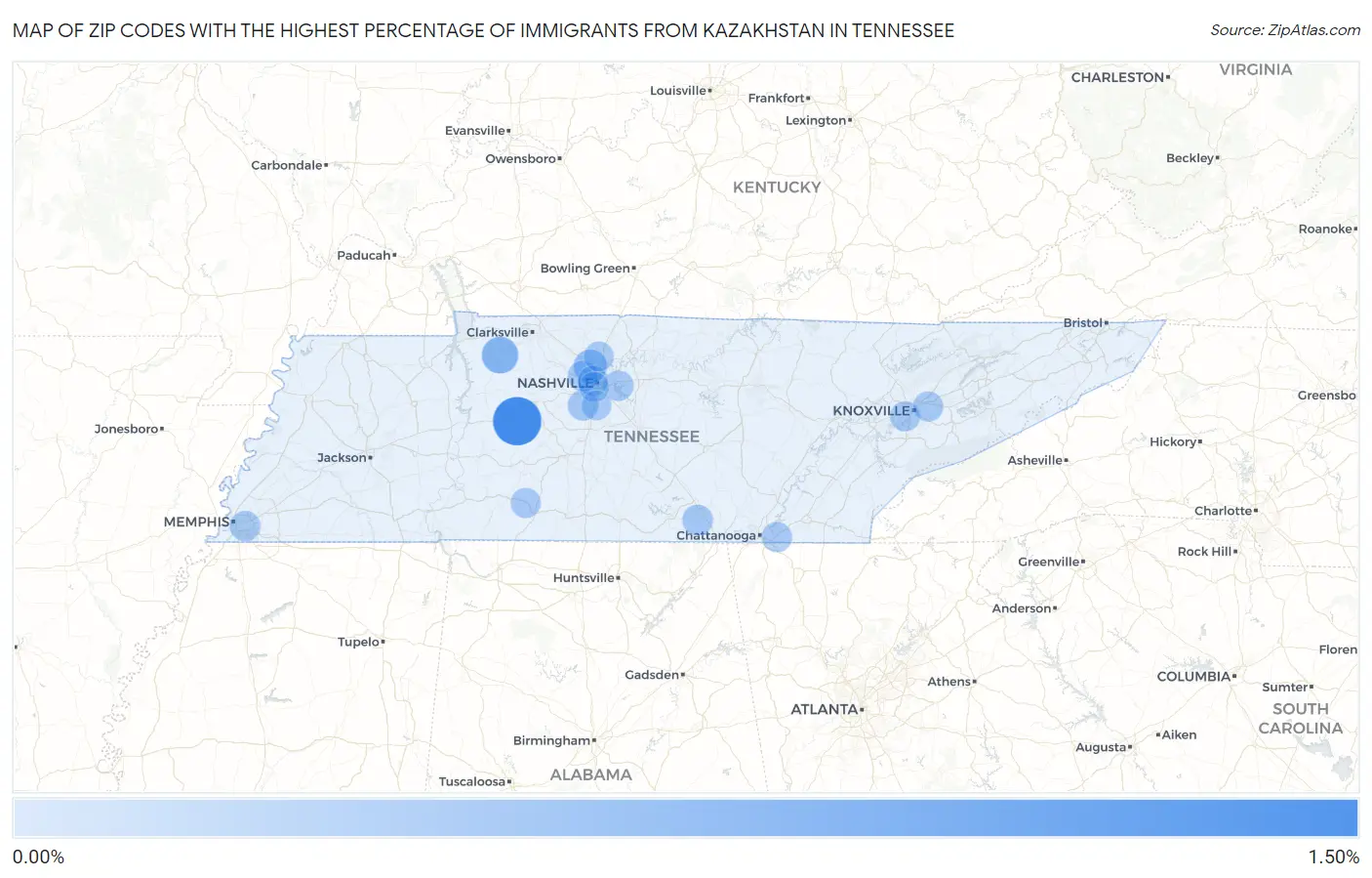 Zip Codes with the Highest Percentage of Immigrants from Kazakhstan in Tennessee Map