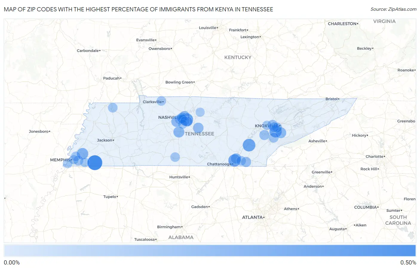 Zip Codes with the Highest Percentage of Immigrants from Kenya in Tennessee Map