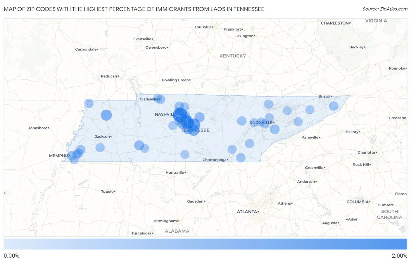Zip Codes with the Highest Percentage of Immigrants from Laos in Tennessee Map