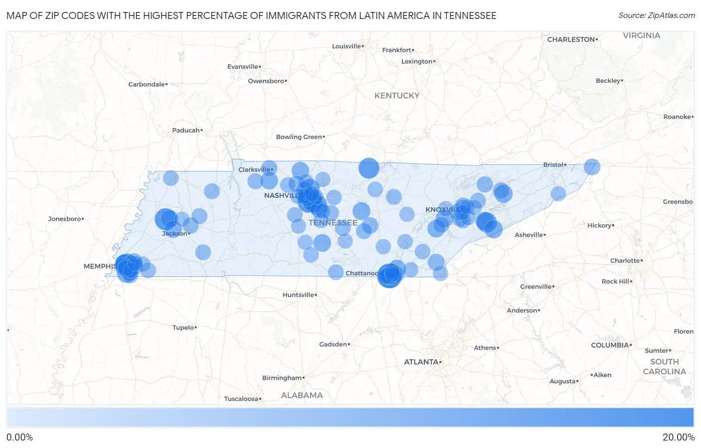 Zip Codes with the Highest Percentage of Immigrants from Latin America in Tennessee Map
