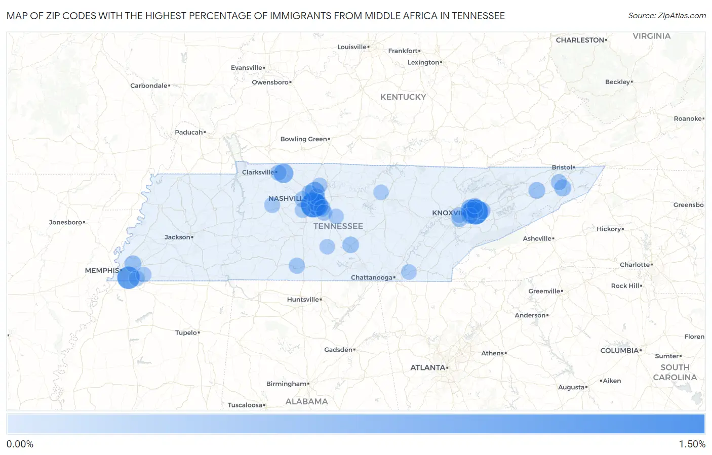 Zip Codes with the Highest Percentage of Immigrants from Middle Africa in Tennessee Map