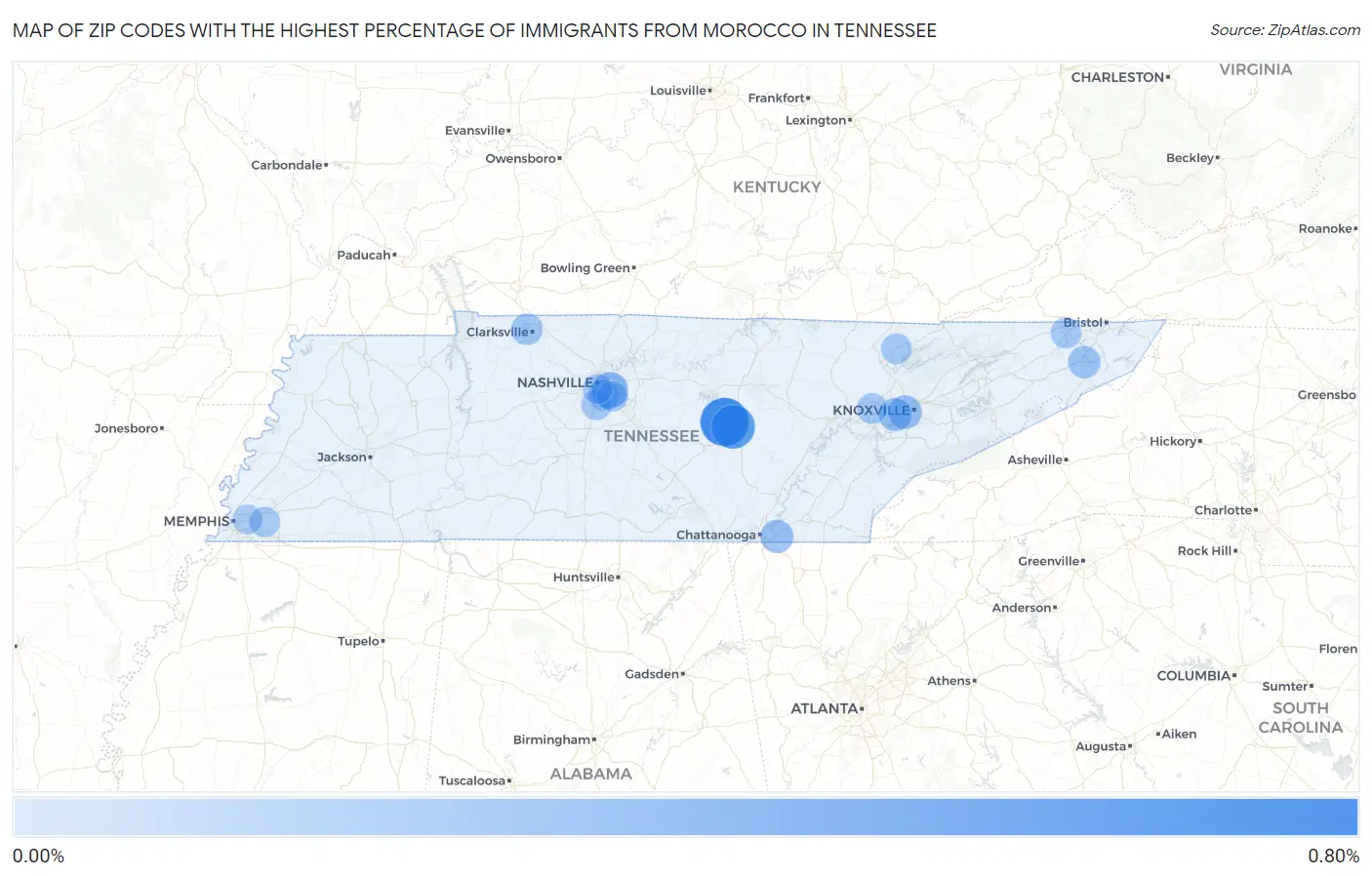 Zip Codes with the Highest Percentage of Immigrants from Morocco in Tennessee Map
