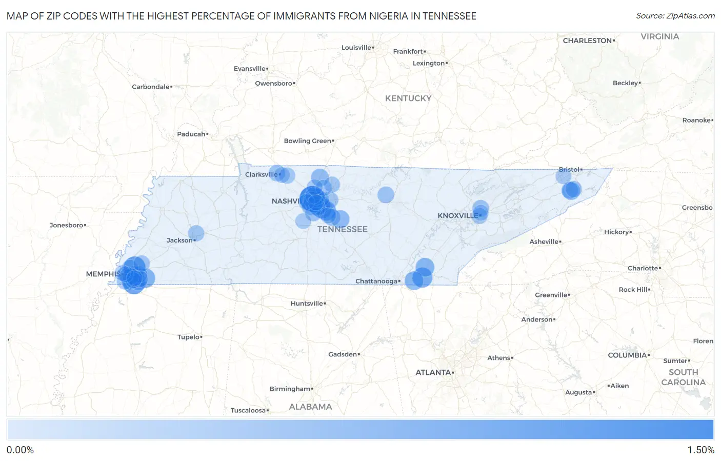Zip Codes with the Highest Percentage of Immigrants from Nigeria in Tennessee Map