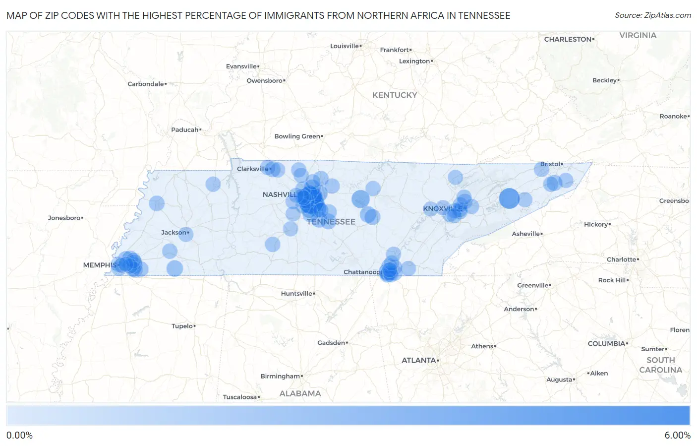 Zip Codes with the Highest Percentage of Immigrants from Northern Africa in Tennessee Map