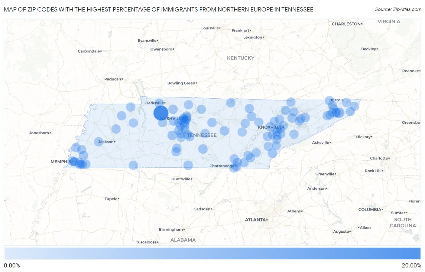 Zip Codes with the Highest Percentage of Immigrants from Northern Europe in Tennessee Map