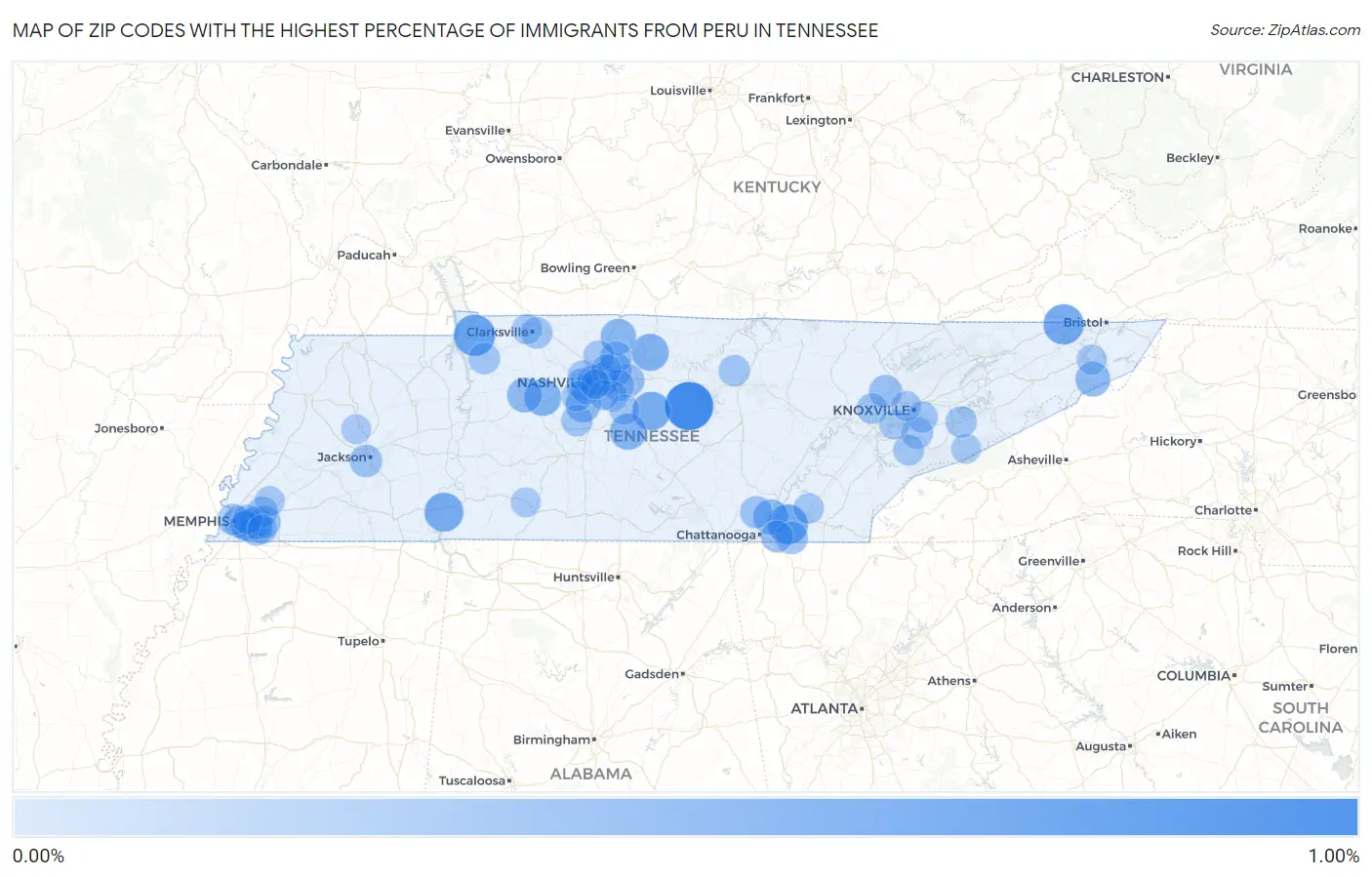 Zip Codes with the Highest Percentage of Immigrants from Peru in Tennessee Map