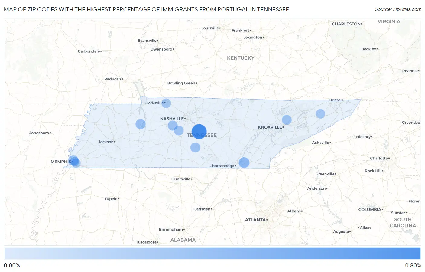 Zip Codes with the Highest Percentage of Immigrants from Portugal in Tennessee Map