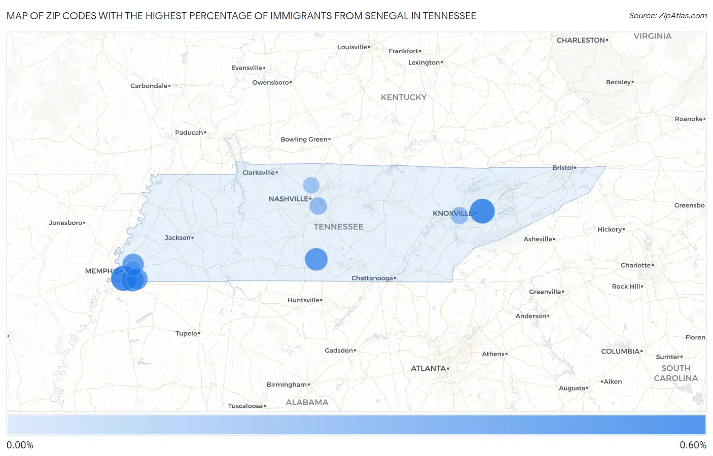 Zip Codes with the Highest Percentage of Immigrants from Senegal in Tennessee Map