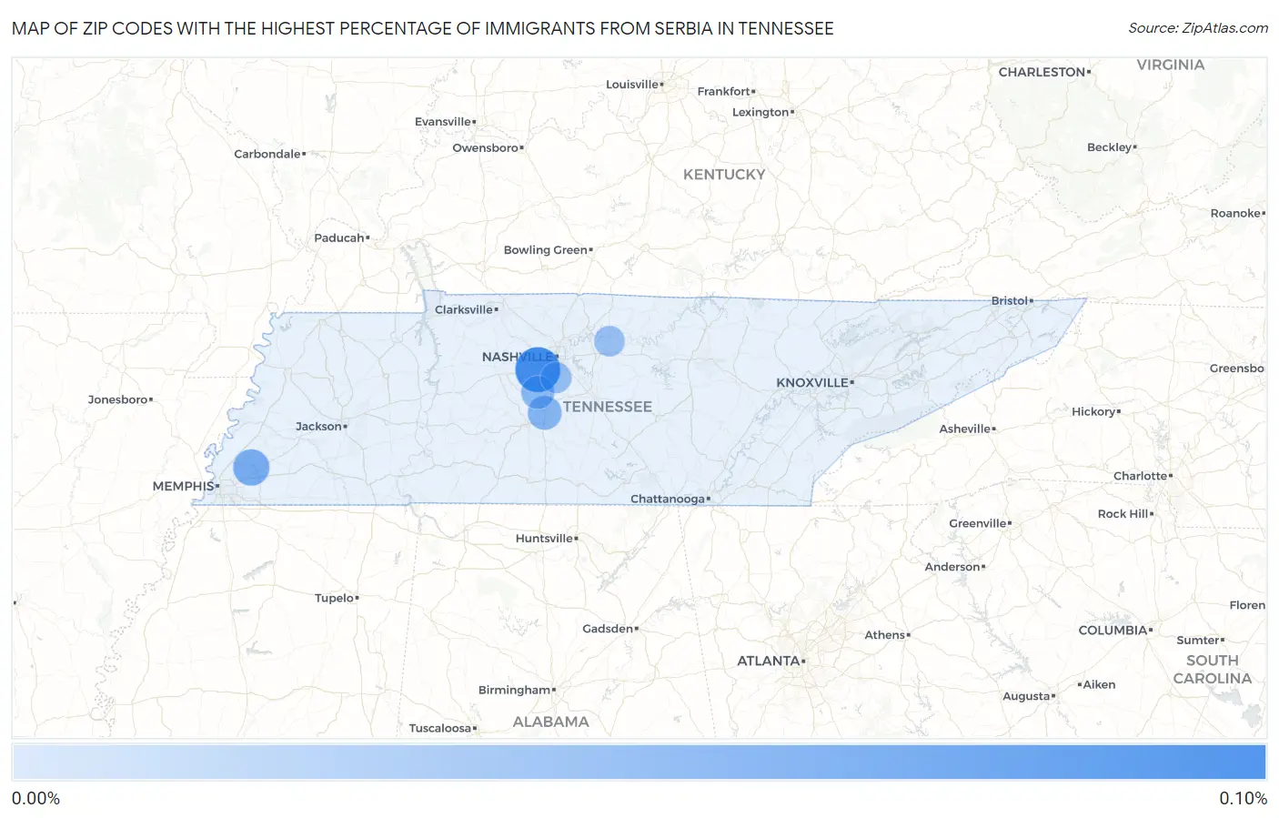 Zip Codes with the Highest Percentage of Immigrants from Serbia in Tennessee Map