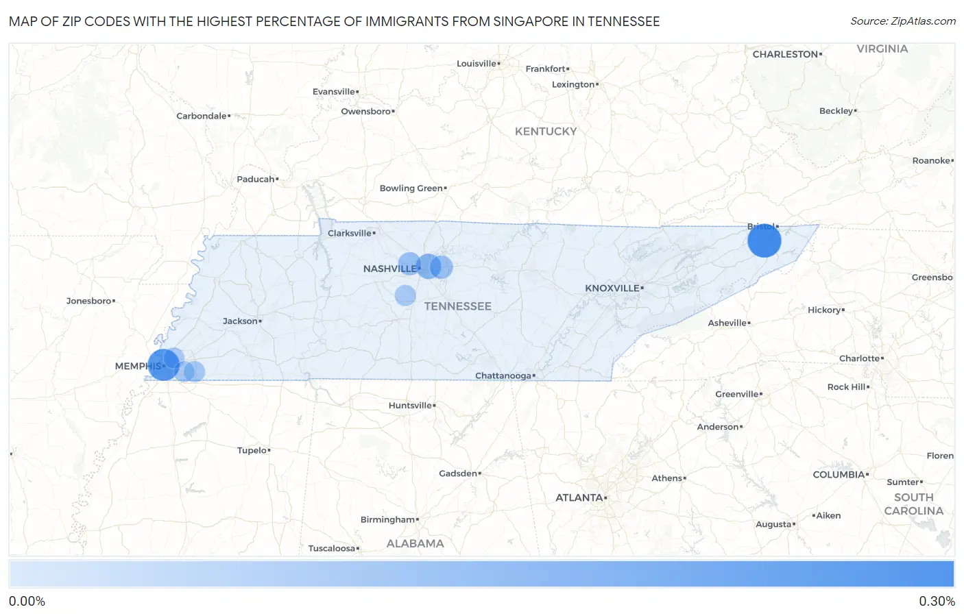 Zip Codes with the Highest Percentage of Immigrants from Singapore in Tennessee Map