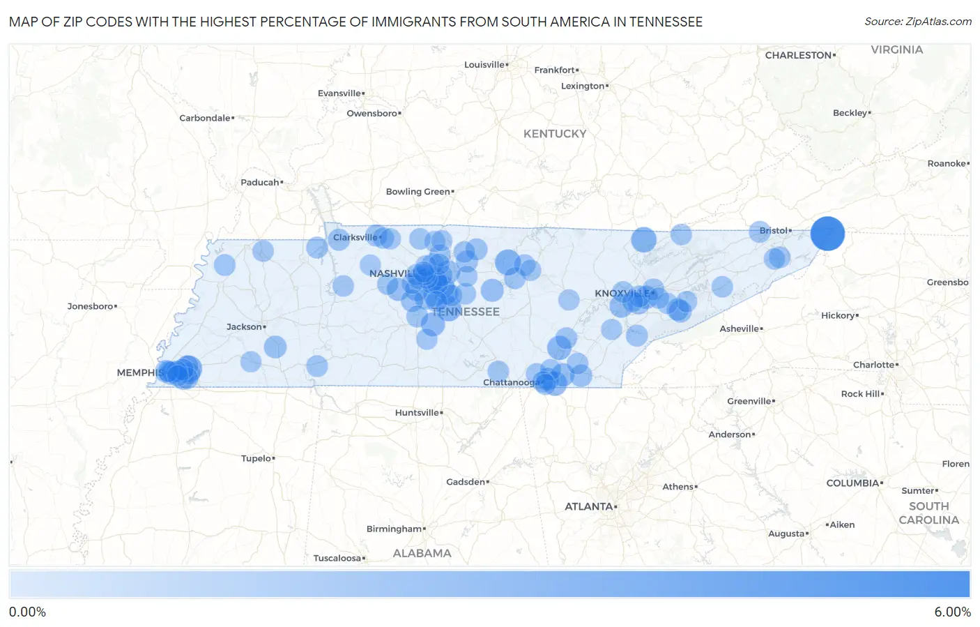 Zip Codes with the Highest Percentage of Immigrants from South America in Tennessee Map