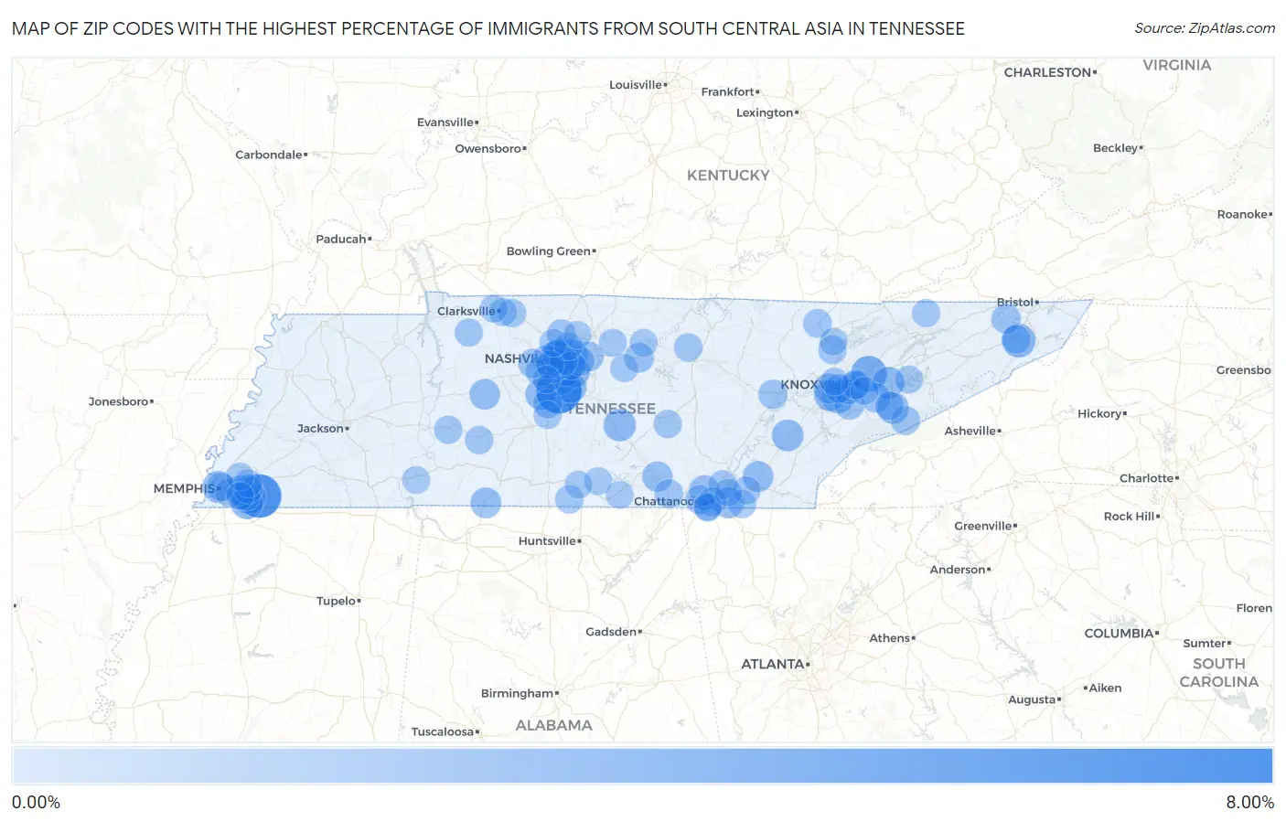 Zip Codes with the Highest Percentage of Immigrants from South Central Asia in Tennessee Map