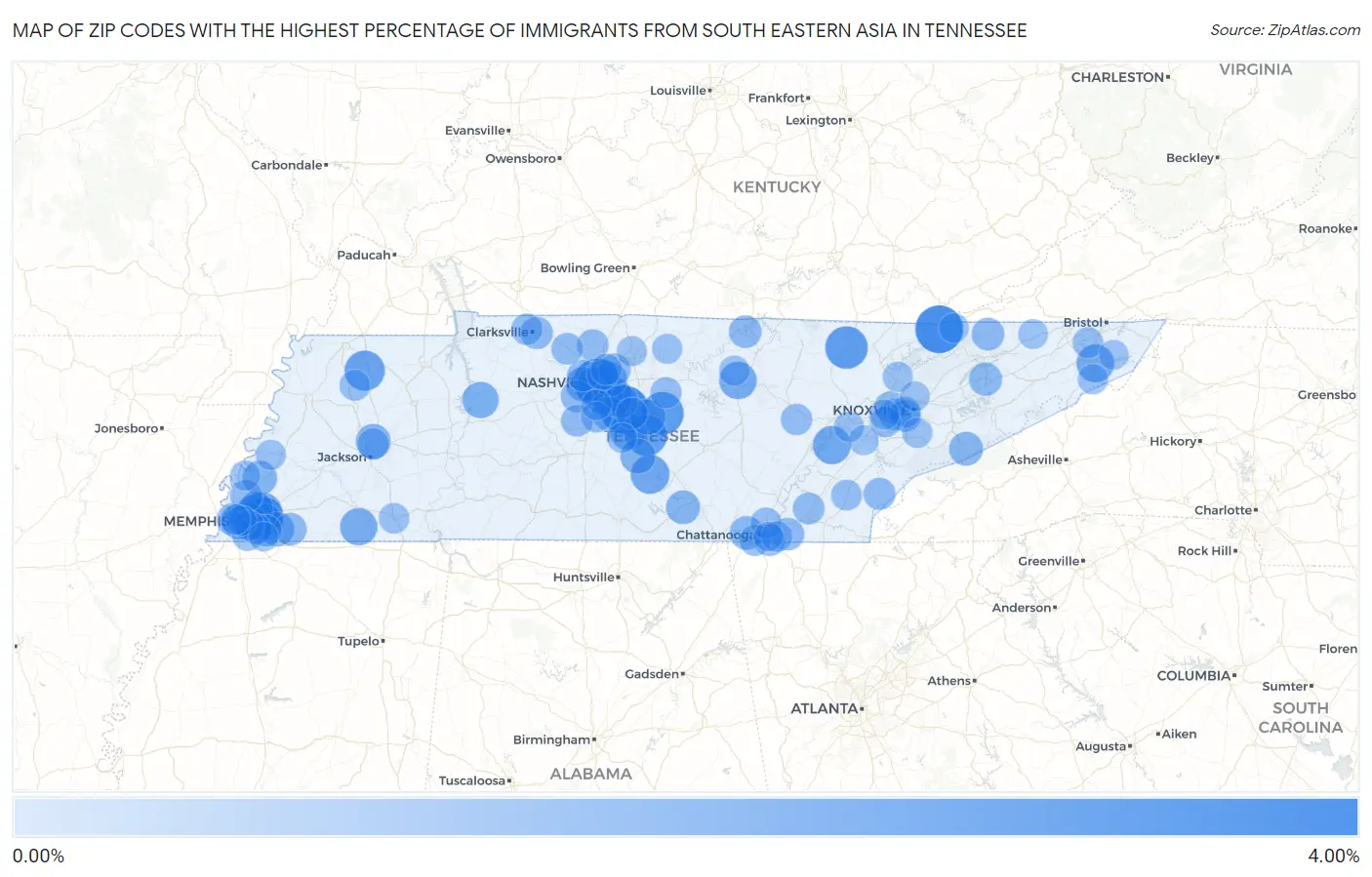 Zip Codes with the Highest Percentage of Immigrants from South Eastern Asia in Tennessee Map