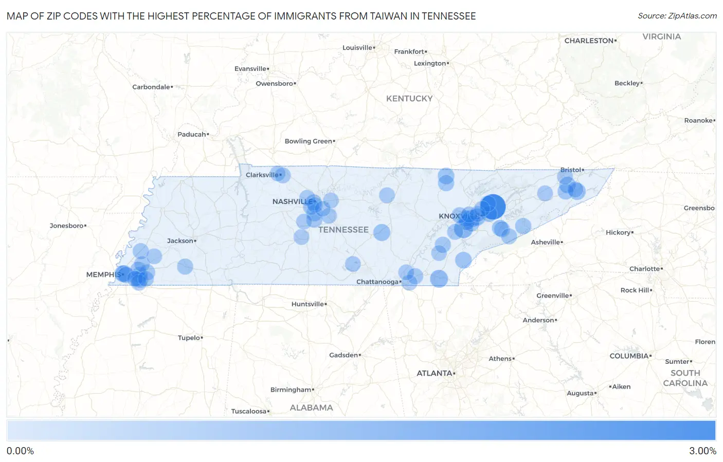 Zip Codes with the Highest Percentage of Immigrants from Taiwan in Tennessee Map