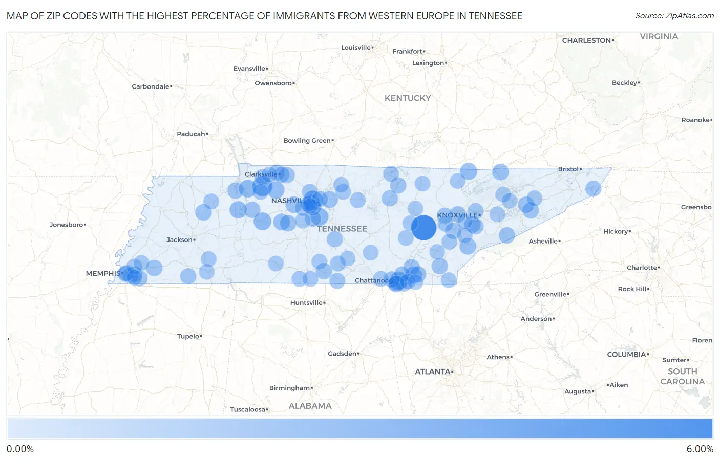 Zip Codes with the Highest Percentage of Immigrants from Western Europe in Tennessee Map