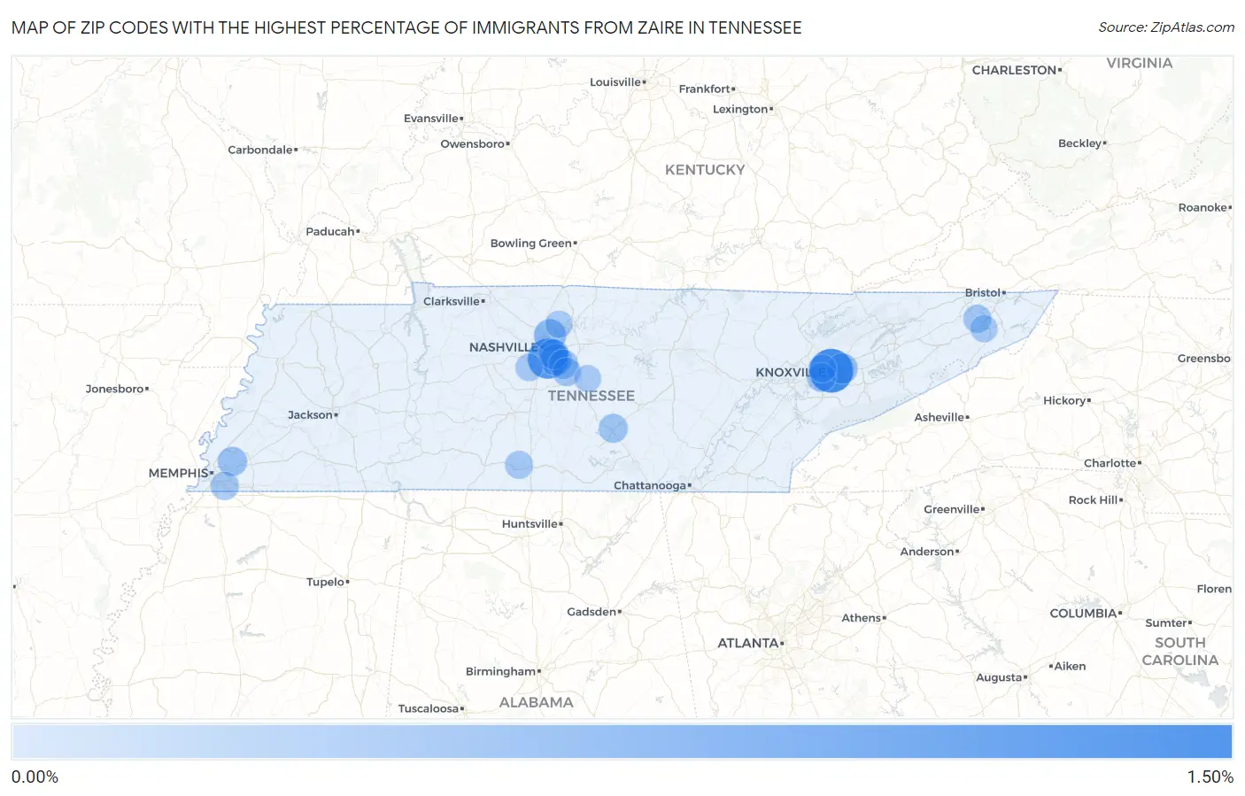 Zip Codes with the Highest Percentage of Immigrants from Zaire in Tennessee Map