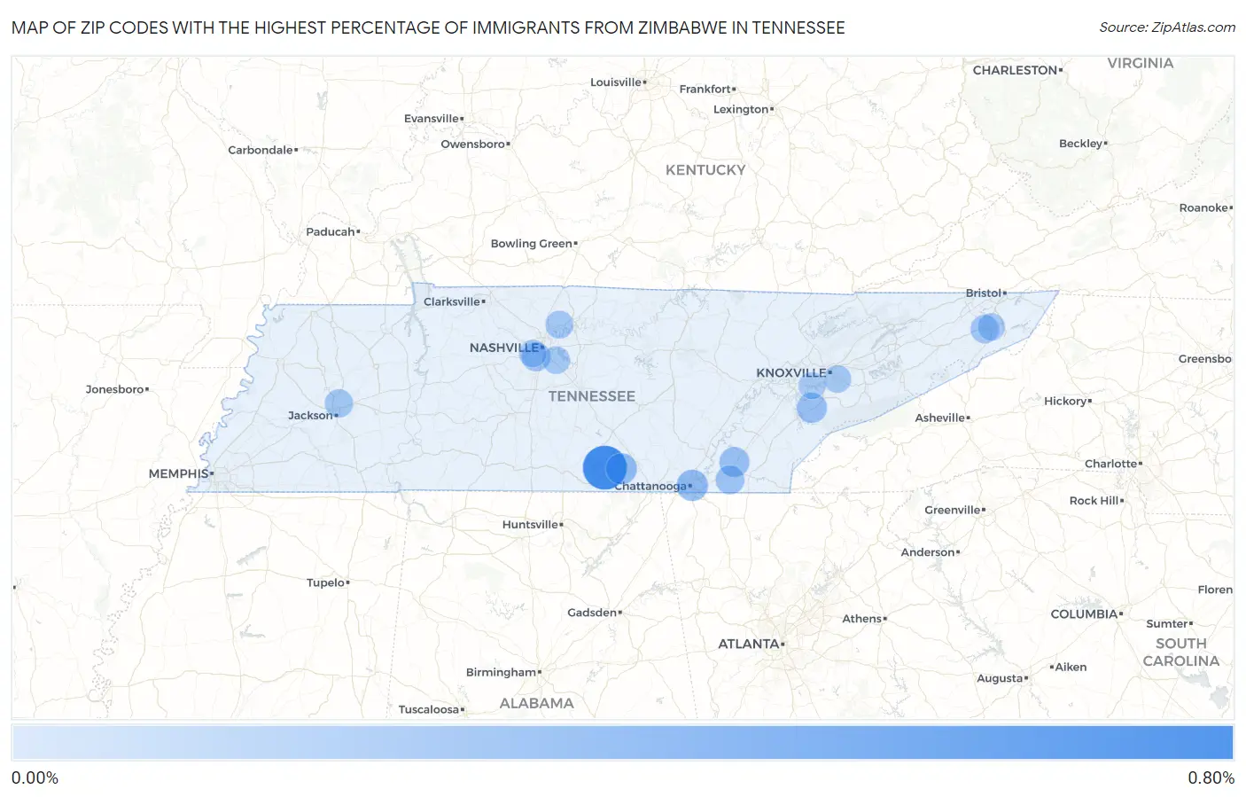 Zip Codes with the Highest Percentage of Immigrants from Zimbabwe in Tennessee Map