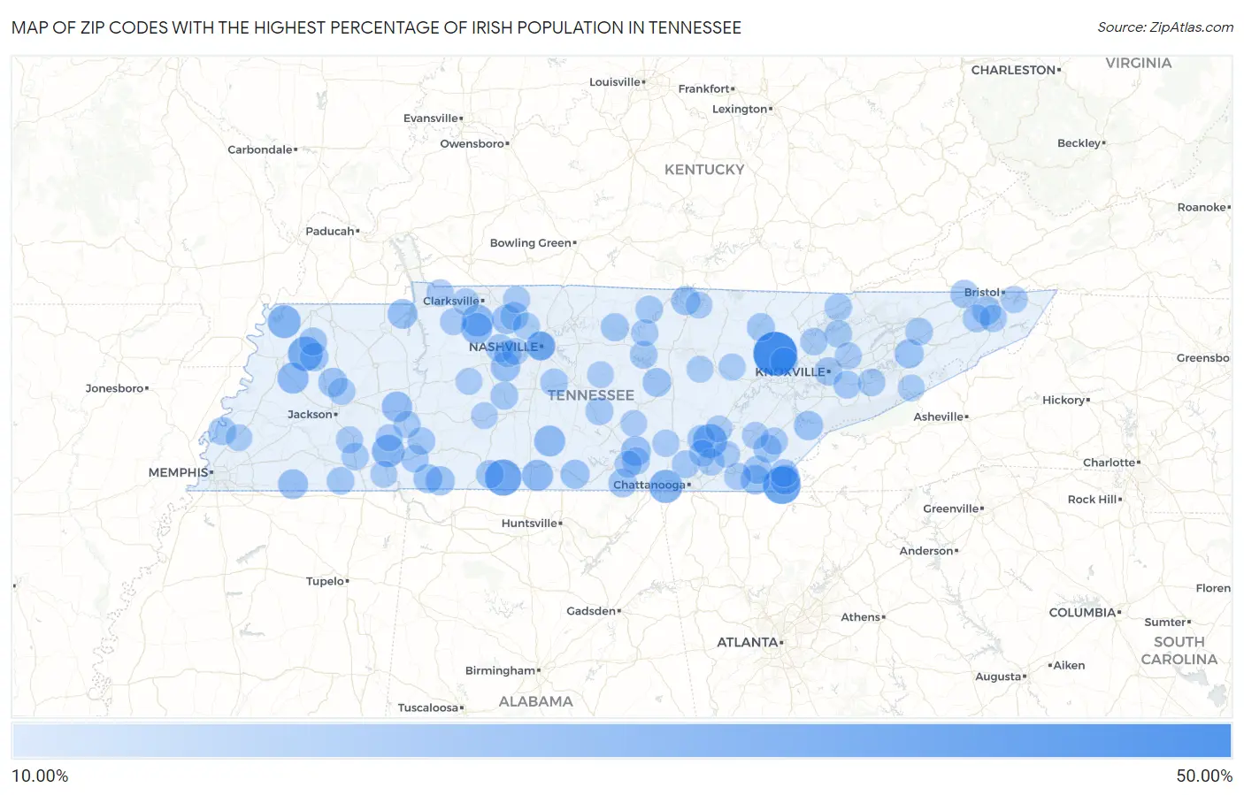Zip Codes with the Highest Percentage of Irish Population in Tennessee Map