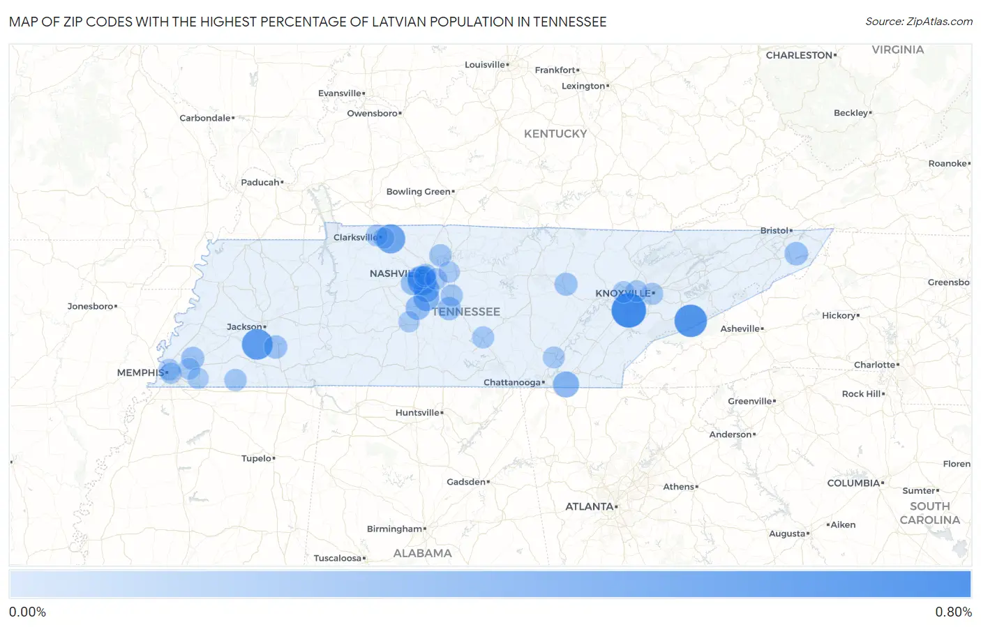 Zip Codes with the Highest Percentage of Latvian Population in Tennessee Map