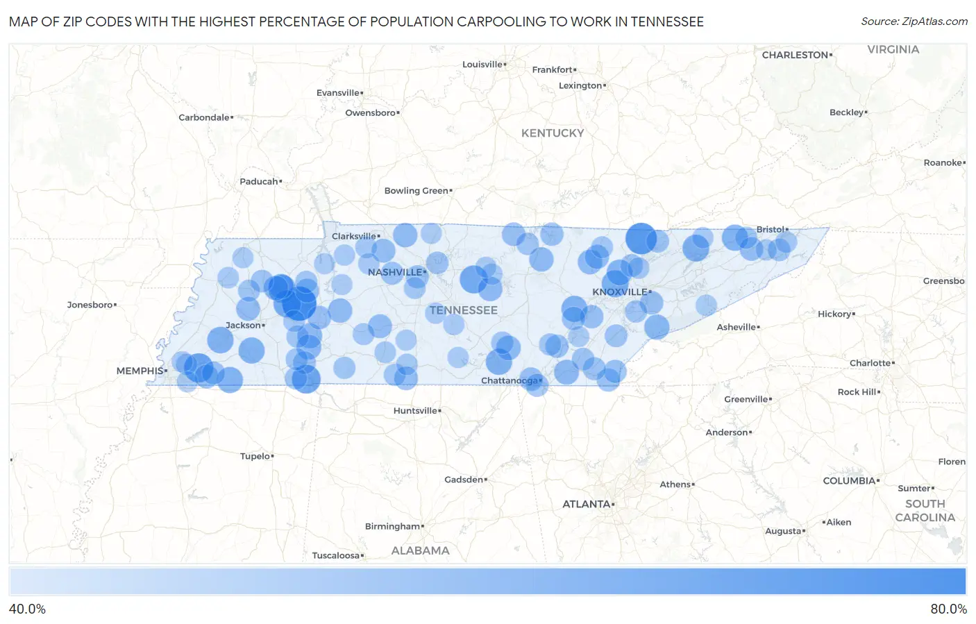 Zip Codes with the Highest Percentage of Population Carpooling to Work in Tennessee Map