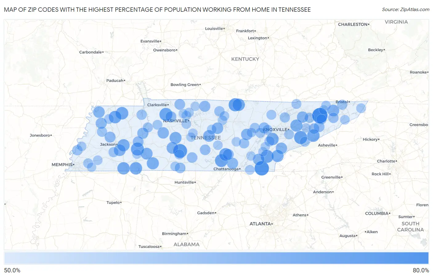 Zip Codes with the Highest Percentage of Population Working from Home in Tennessee Map