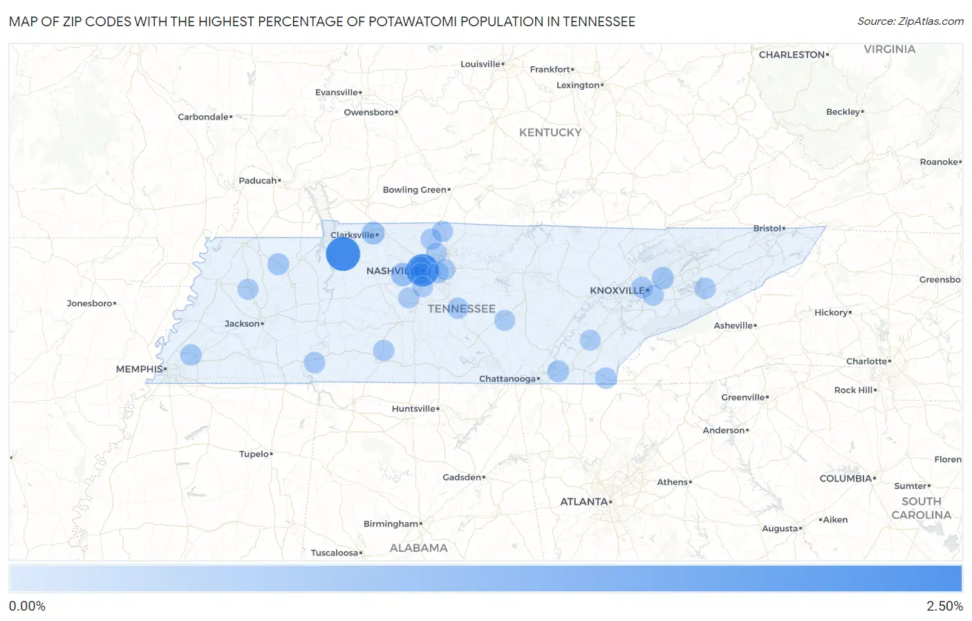Zip Codes with the Highest Percentage of Potawatomi Population in Tennessee Map