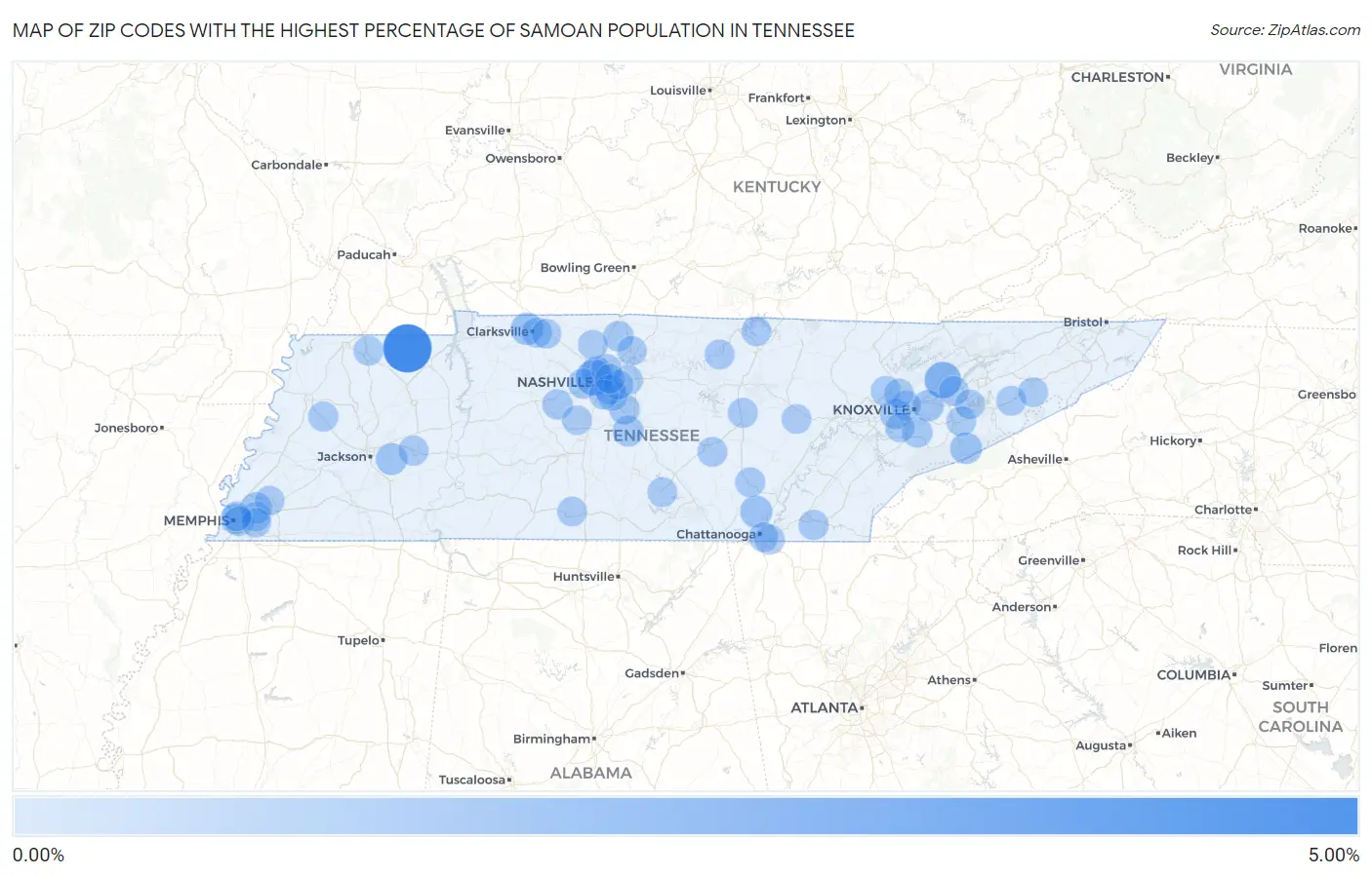 Zip Codes with the Highest Percentage of Samoan Population in Tennessee Map