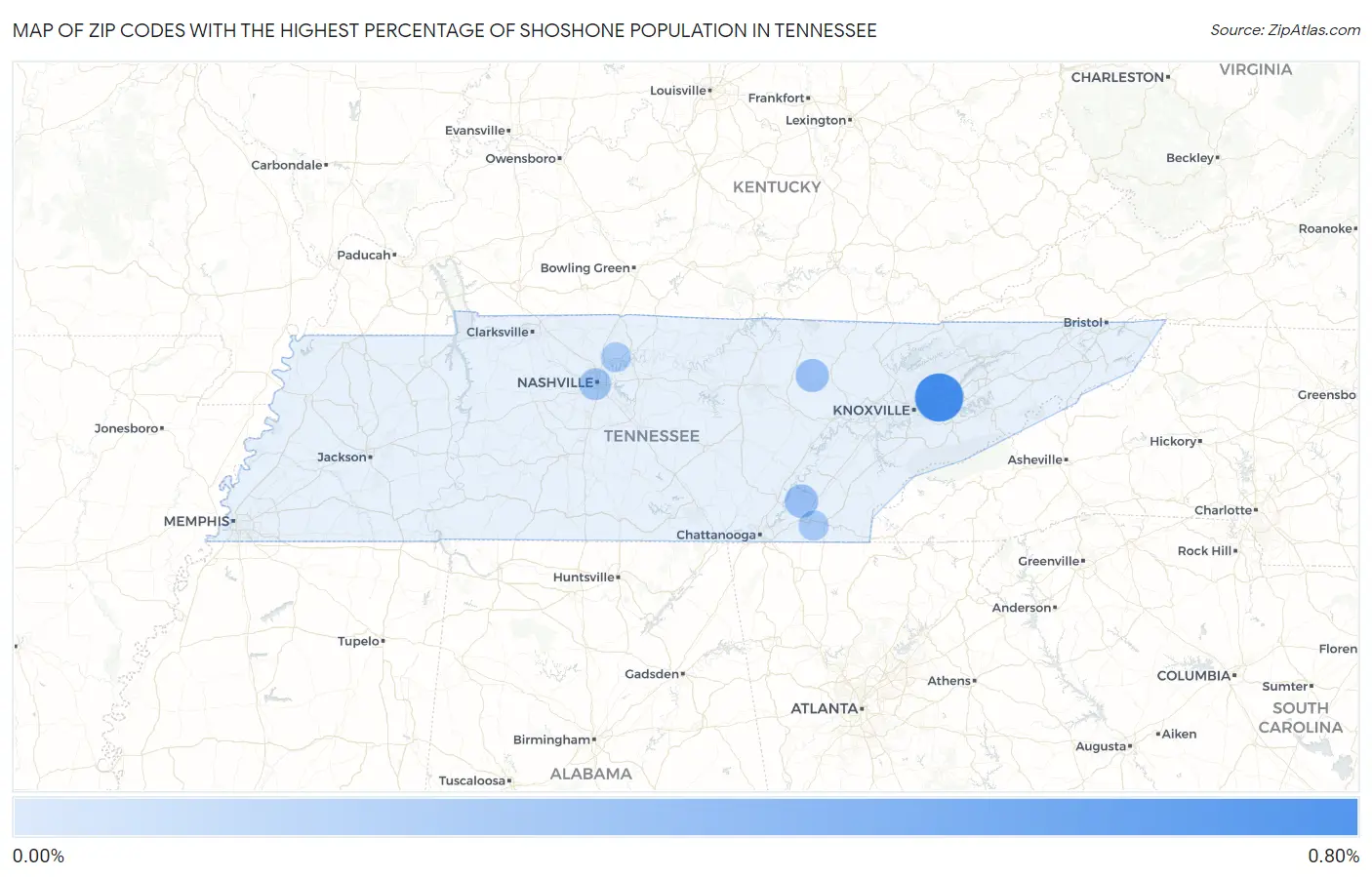Zip Codes with the Highest Percentage of Shoshone Population in Tennessee Map